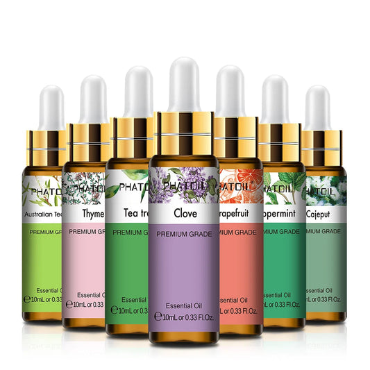 Set of PHATOIL essential oil dropper bottles with colorful labels on a white background