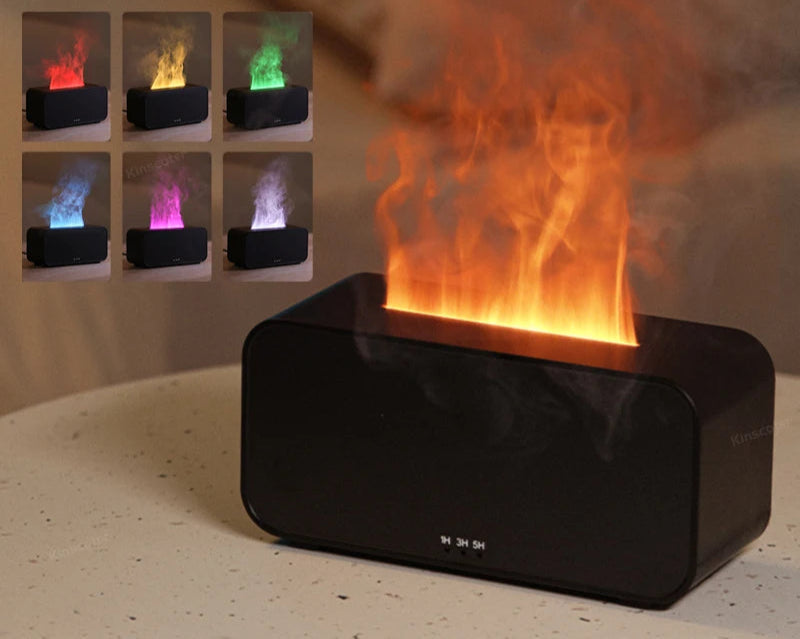 Kinscoter Flame Aroma Diffuser with colorful light display in the background