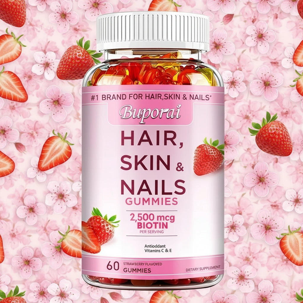 Buporai Hair, Skin & Nails Gummies bottle with pink label on a white background