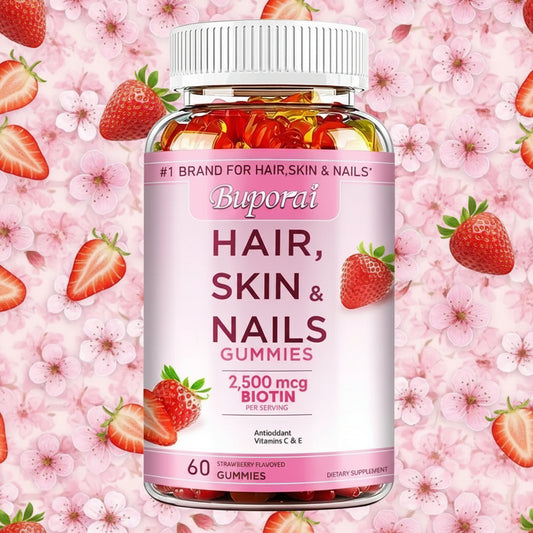 Buporai Hair, Skin & Nails Gummies bottle with pink label on a white background