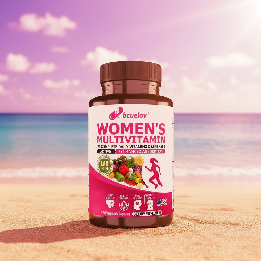 Bottle of bcuelov Women's Multivitamin on a white background